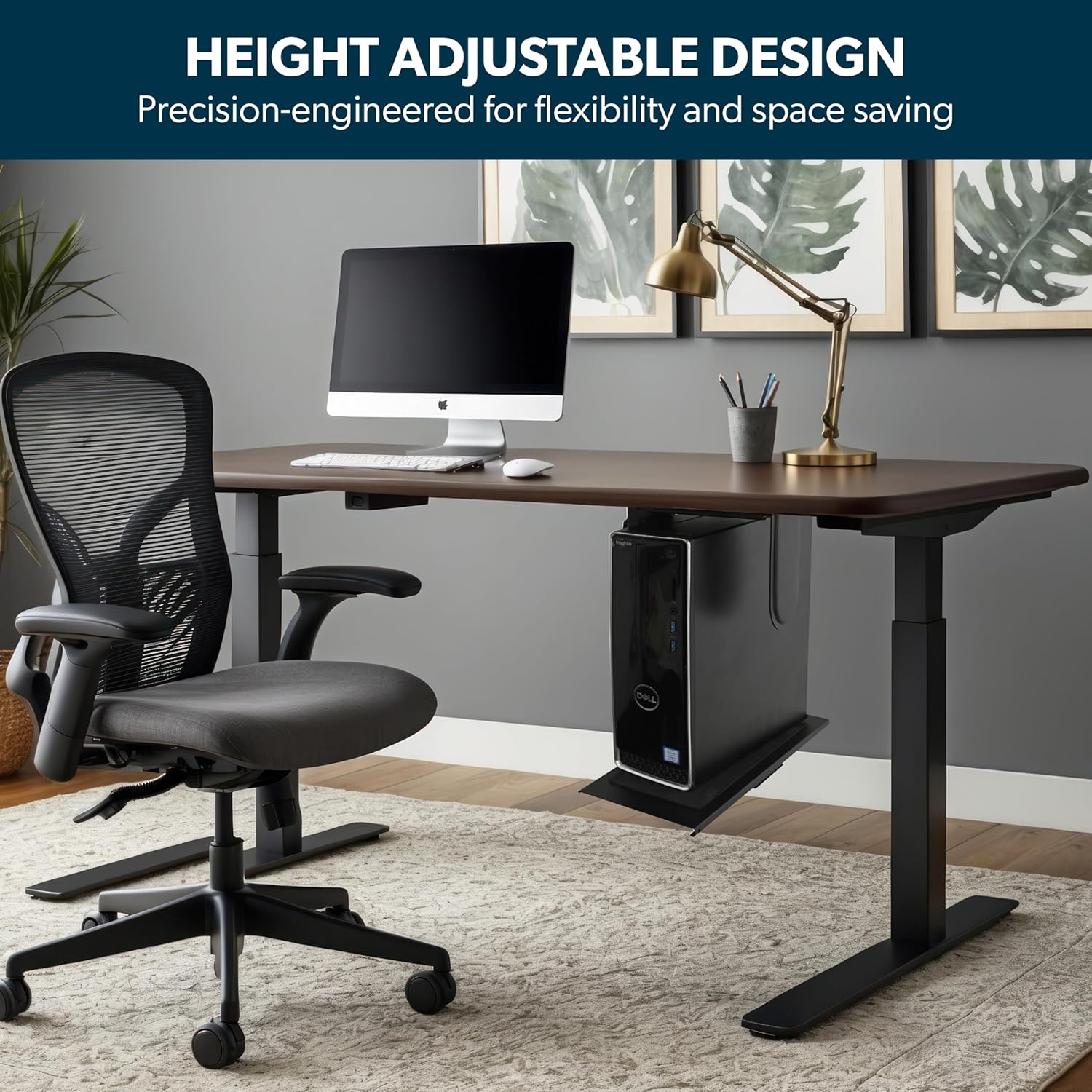 YooDesk under desk CPU holder mounted beneath a height adjustable standing desk