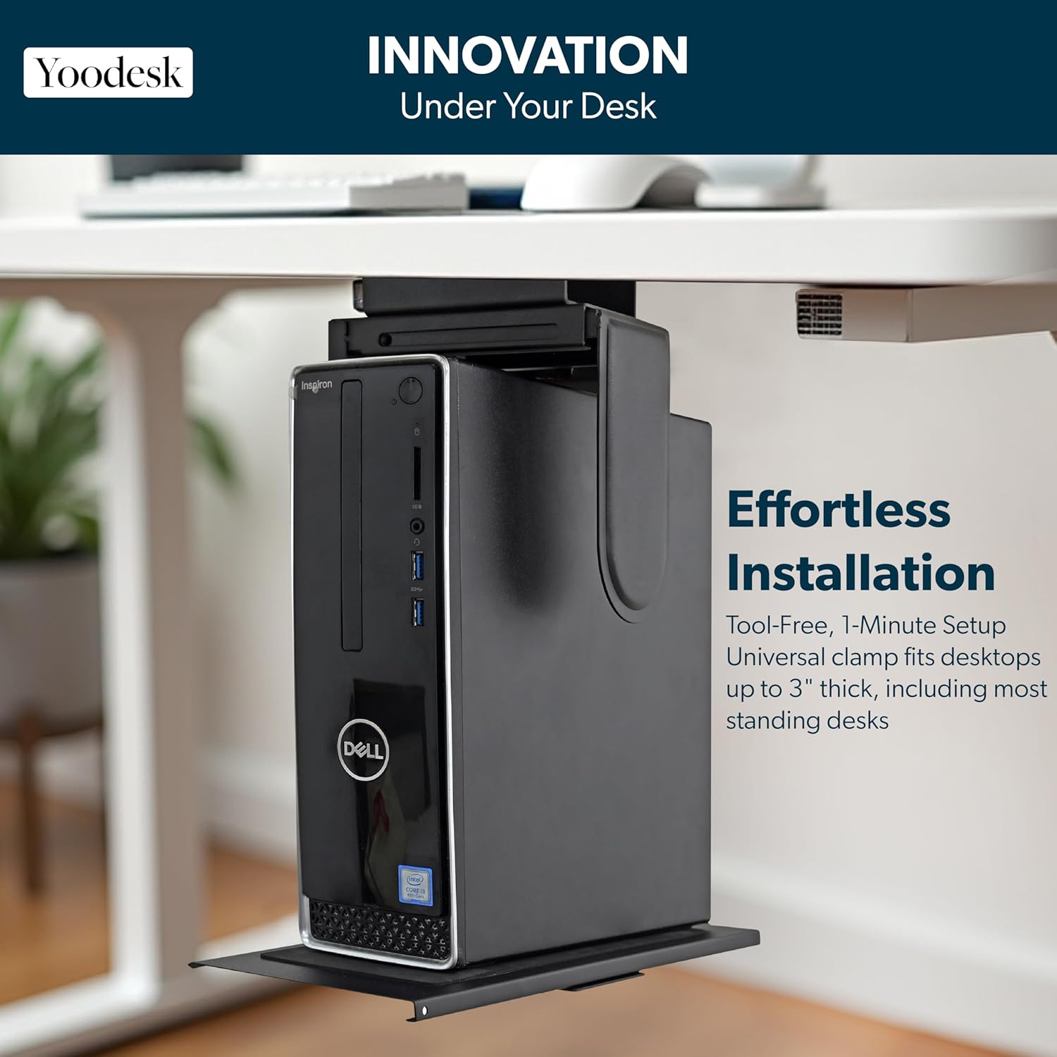 YooDesk under desk CPU holder with computer tower mounted beneath a desk